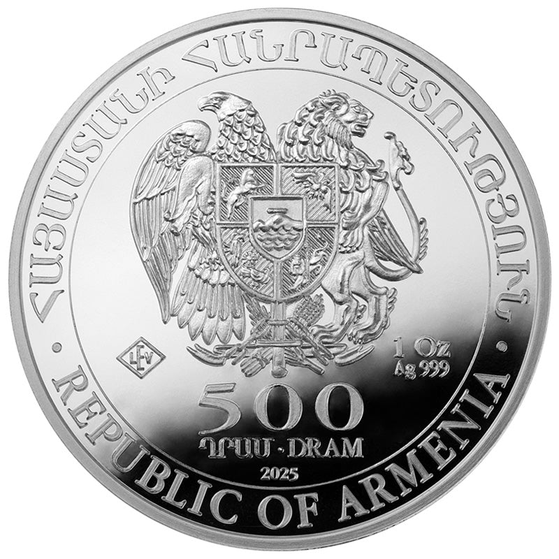 2025 Armenia Noah’s Ark 1 oz Silver Coin obverse featuring Armenia's national coat of arms