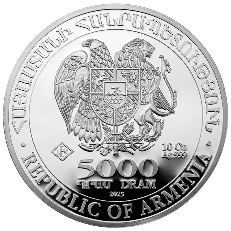 2025 Armenia Noah’s Ark 10 oz Silver Coin obverse featuring Armenia's national coat of arms