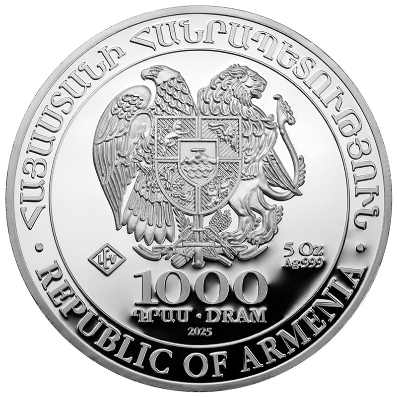2025 Armenia Noah’s Ark 5 oz Silver Coin obverse featuring Armenia's national coat of arms