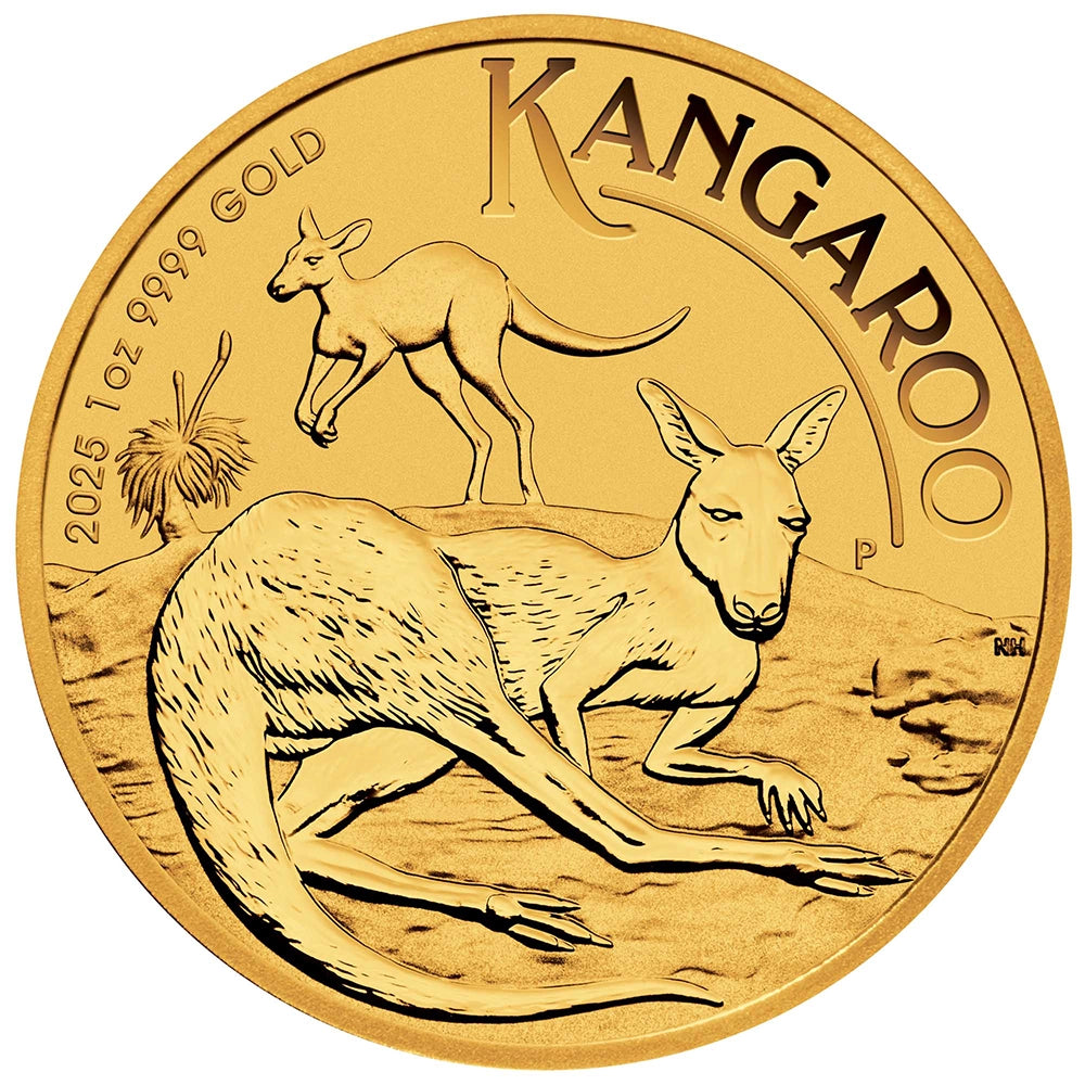 2025 Australian Kangaroo 1 oz Gold Coin reverse showcasing two kangaroos in the outback