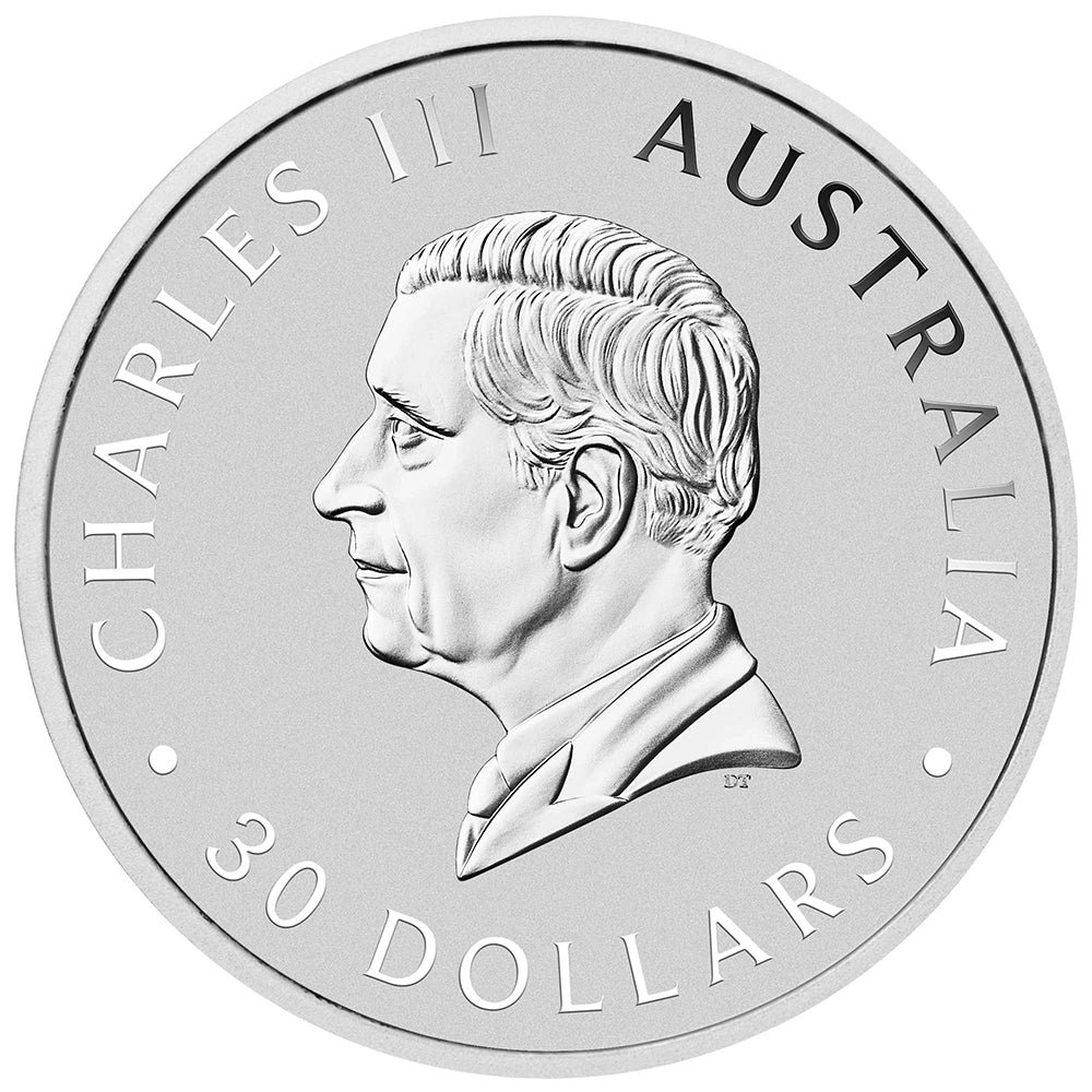 2025 Australian Kookaburra 1 kilo Silver Coin obverse featuring the effigy of King Charles III