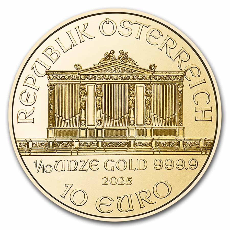 2025 Austrian Philharmonic 1/10 oz Gold Coin obverse featuring the Great Organ of the Golden Hall in Vienna