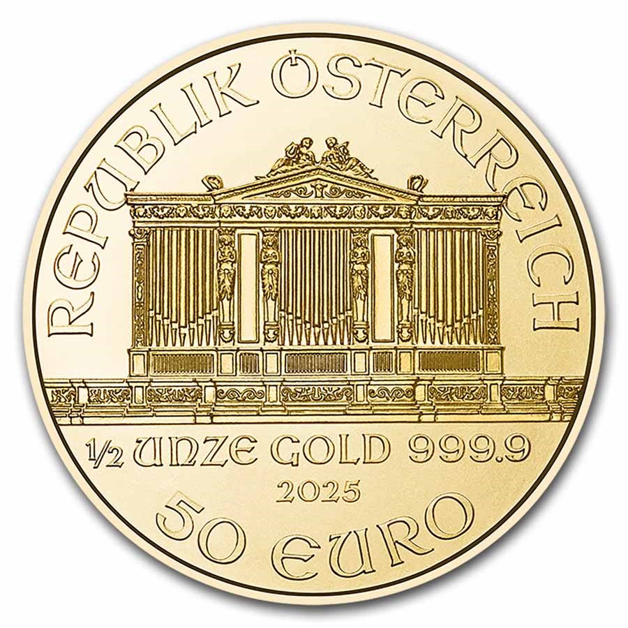 2025 Austrian Philharmonic 1/2 oz Gold Coin obverse featuring the Great Organ of the Golden Hall in Vienna