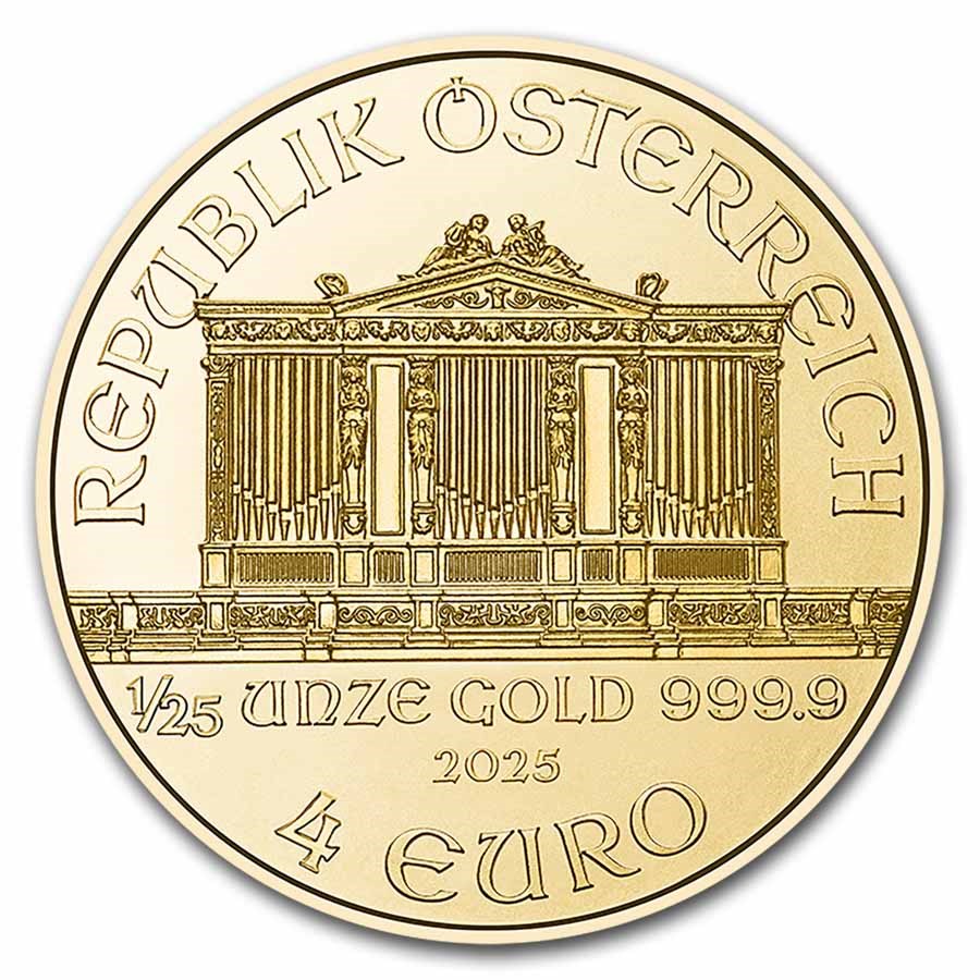 2025 Austrian Philharmonic 1/25 oz Gold Coin obverse featuring the Great Organ of the Golden Hall in Vienna