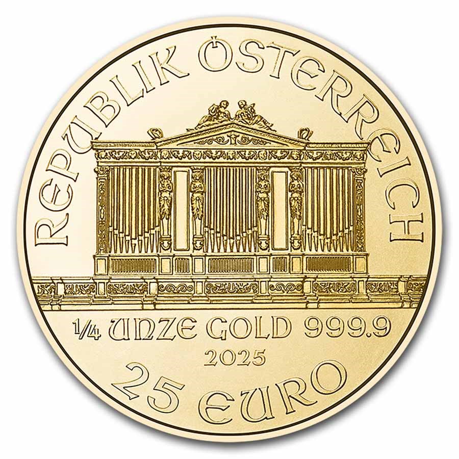 2025 Austrian Philharmonic 1/4 oz Gold Coin obverse featuring the Great Organ of the Golden Hall in Vienna