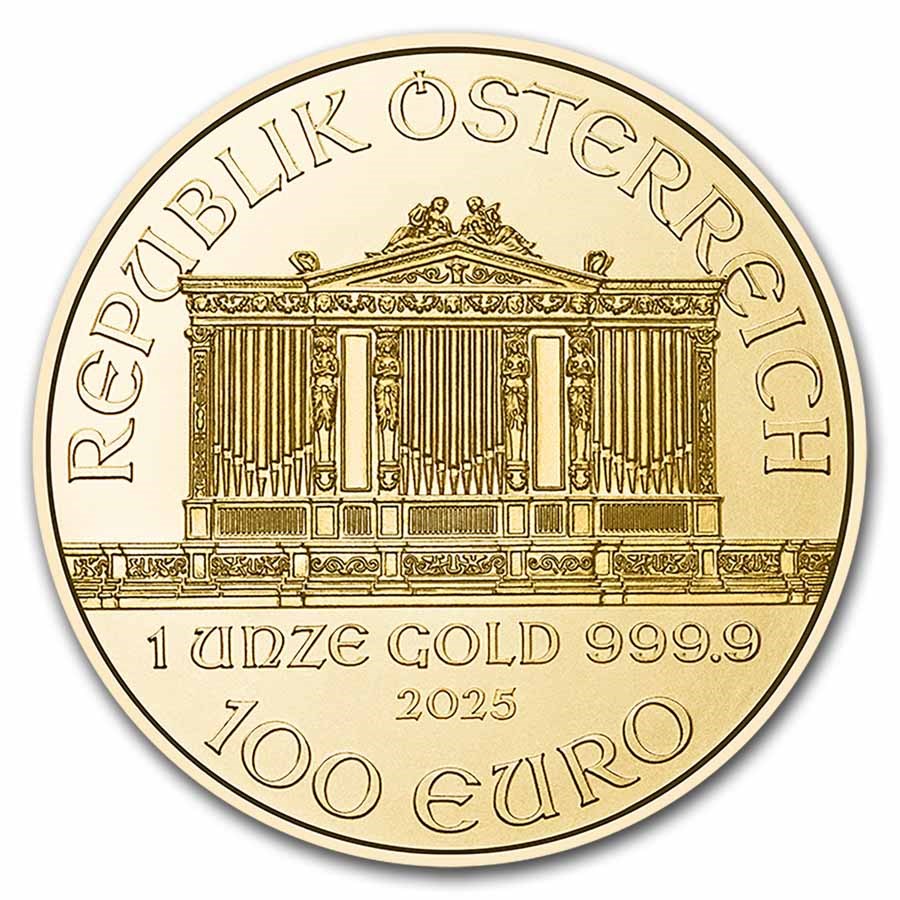 2025 Austrian Philharmonic 1 oz Gold Coin obverse featuring the Great Organ of the Golden Hall in Vienna