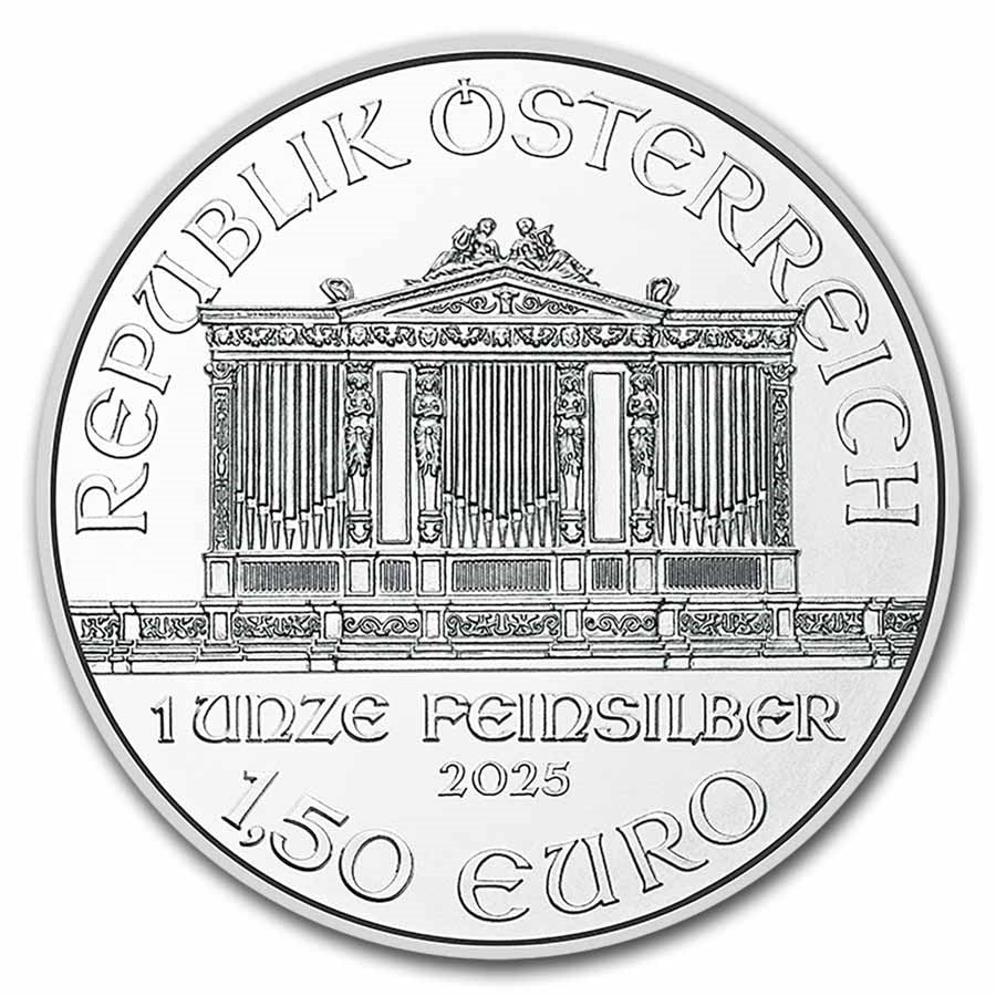 2025 Austrian Philharmonic 1 oz Silver Coin obverse featuring the Great Organ of the Golden Hall in Vienna