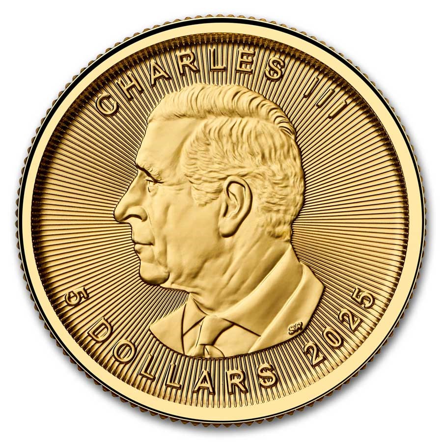2025 Canadian Maple Leaf 1/10 oz Gold Coin obverse featuring a portrait of His Majesty King Charles III