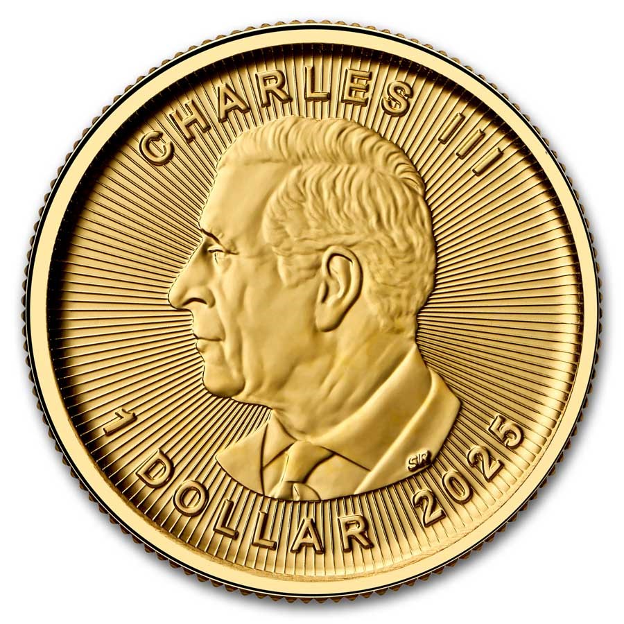 2025 Canadian Maple Leaf 1/20 oz Gold Coin obverse featuring a portrait of His Majesty King Charles III