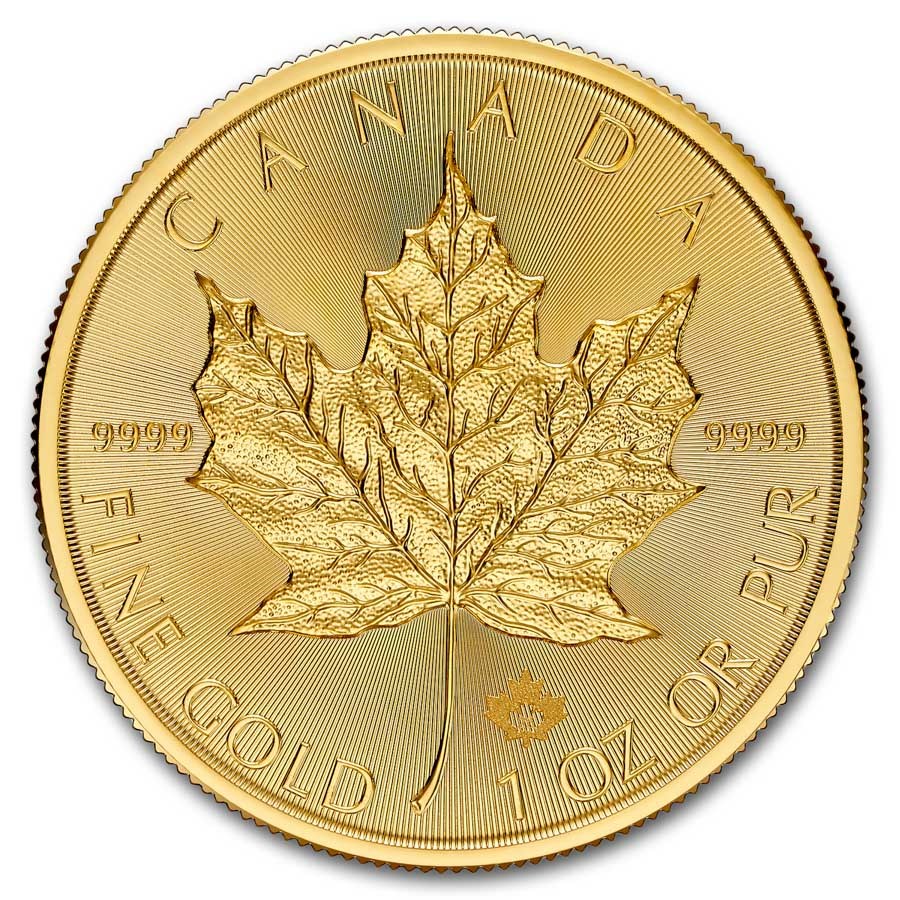 2025 Canadian Maple Leaf 1 oz Gold Coin reverse displaying a large maple leaf