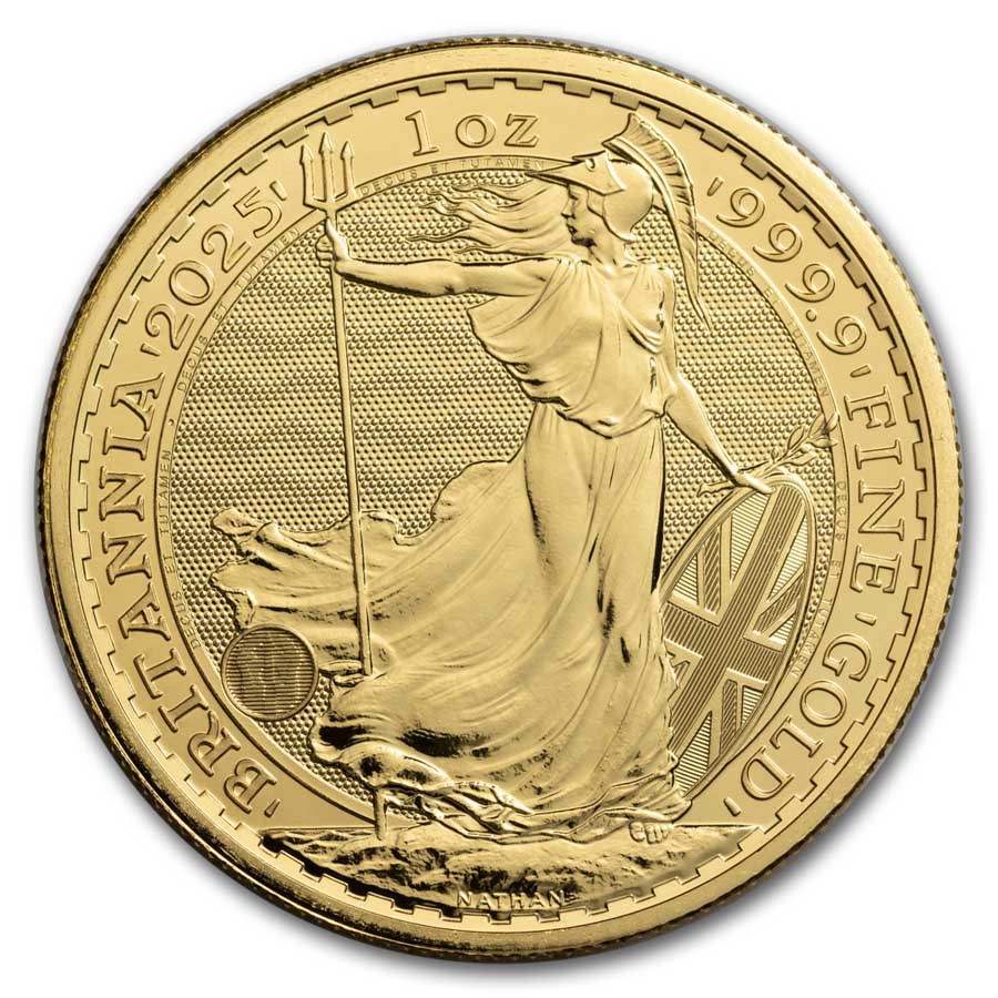 2025 Britannia 1 oz Gold Coin reverse featuring Britannia with trident and shield, adorned with the Union Flag