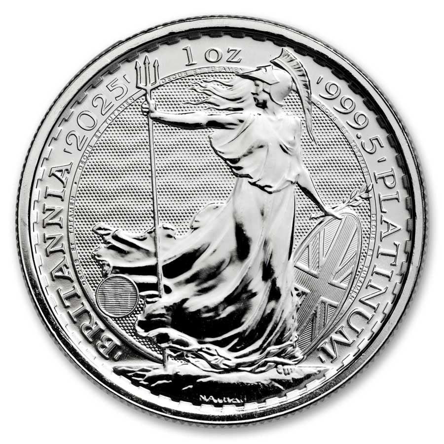 2025 Britannia 1 oz Platinum Coin reverse featuring Britannia with trident and shield, adorned with the Union Flag