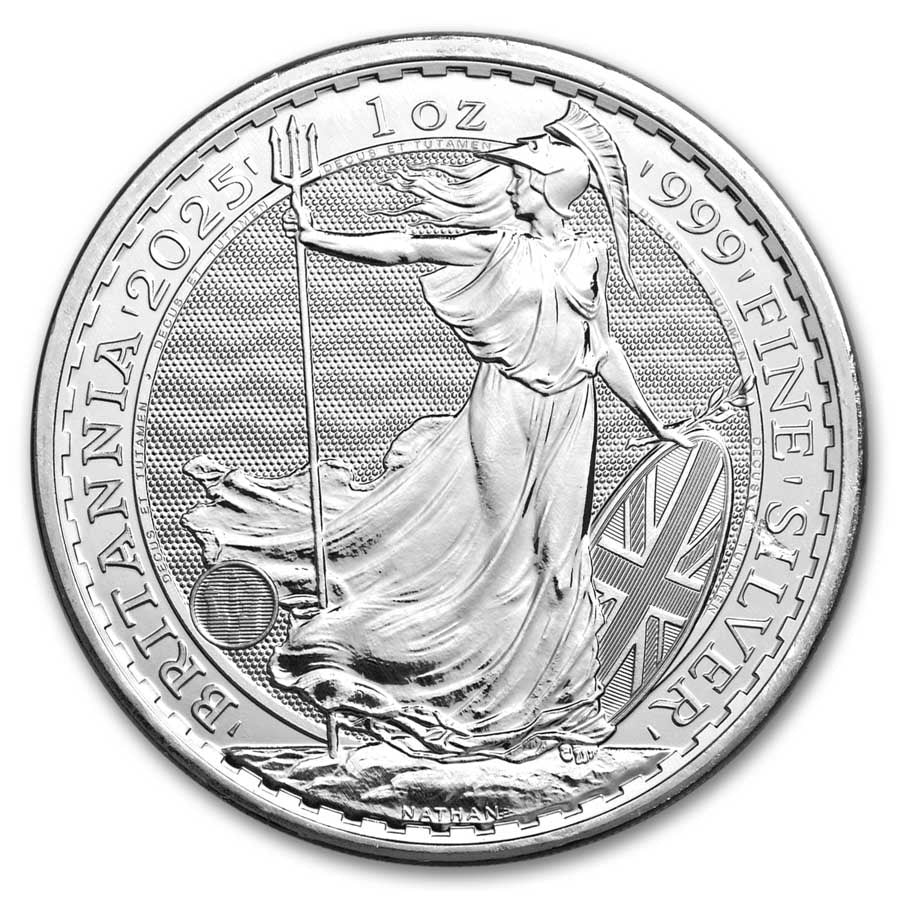2025 Britannia 1 oz Silver Coin reverse featuring Britannia with trident and shield, adorned with the Union Flag