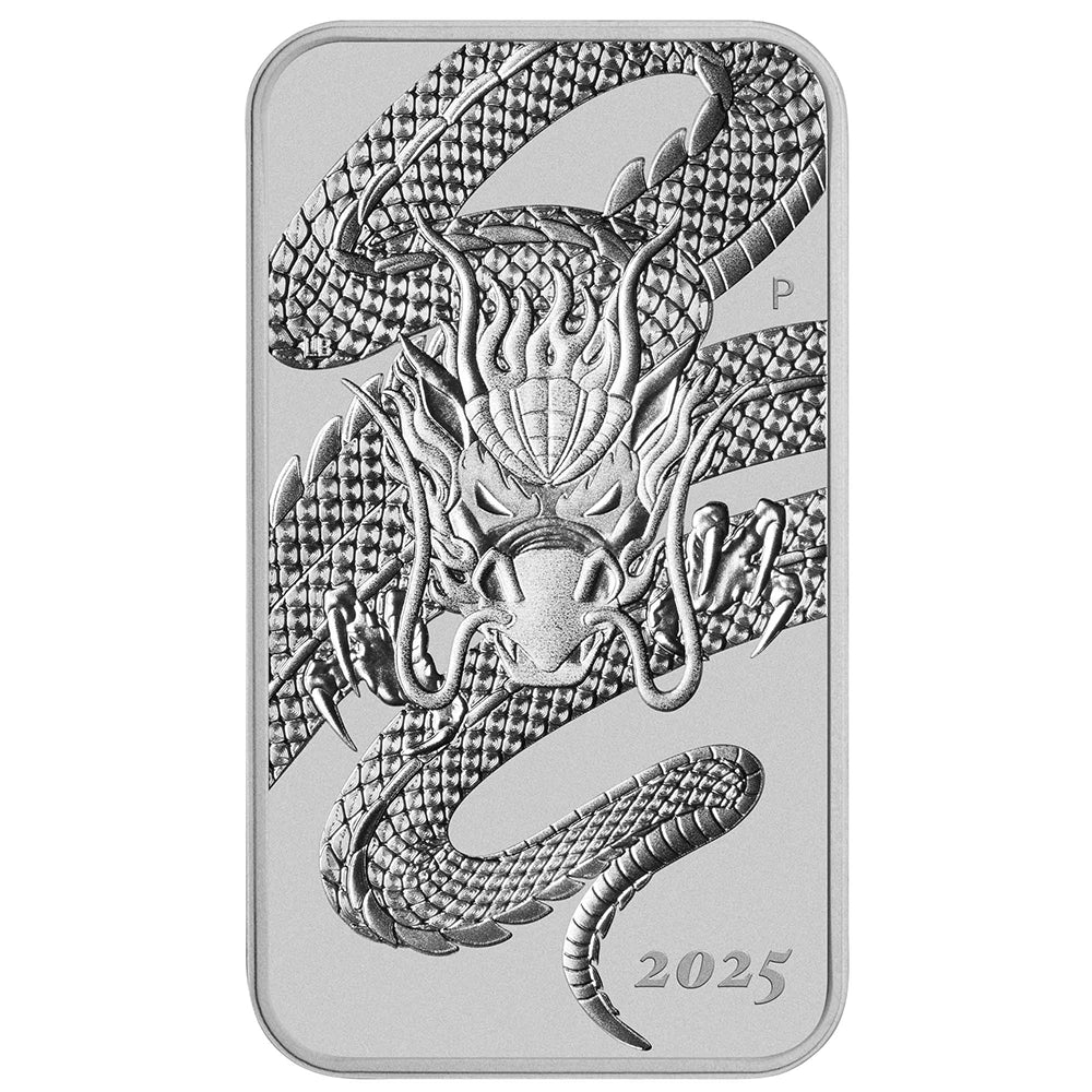 2025 Perth Mint Dragon 1 oz Silver Rectangular Coin reverse features a dragon with open claws and intricately scaled wings
