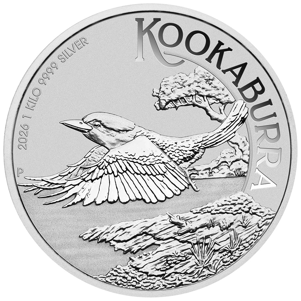 2026 Australian Kookaburra 1 kilo Silver Coin reverse featuring a kookaburra in flight over a river, framed by lush trees and rugged rock