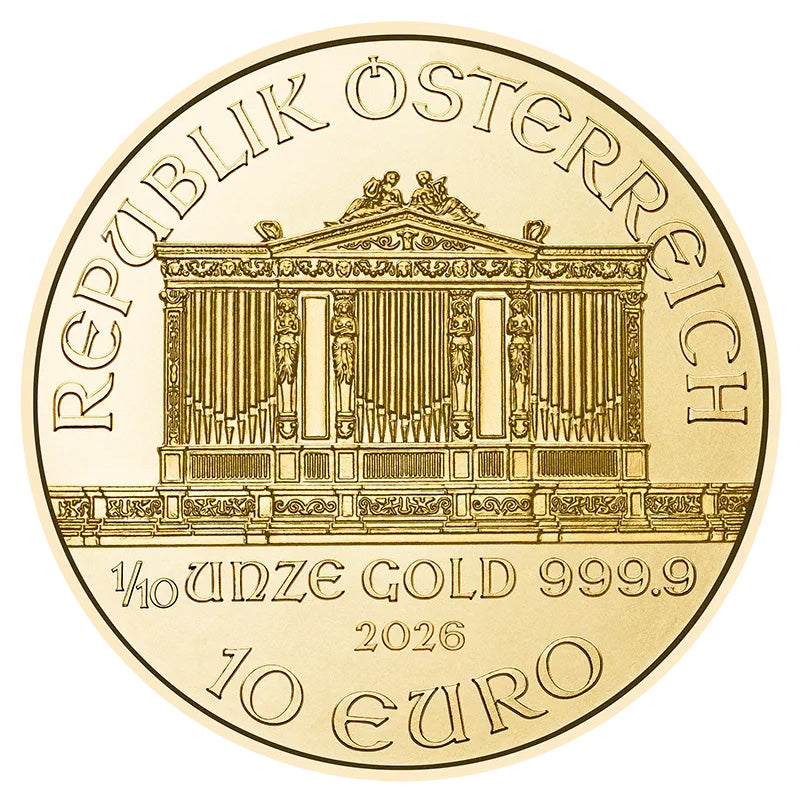 2026 Austrian Philharmonic 1/10 oz Gold Coin obverse featuring the Great Organ of the Golden Hall in Vienna