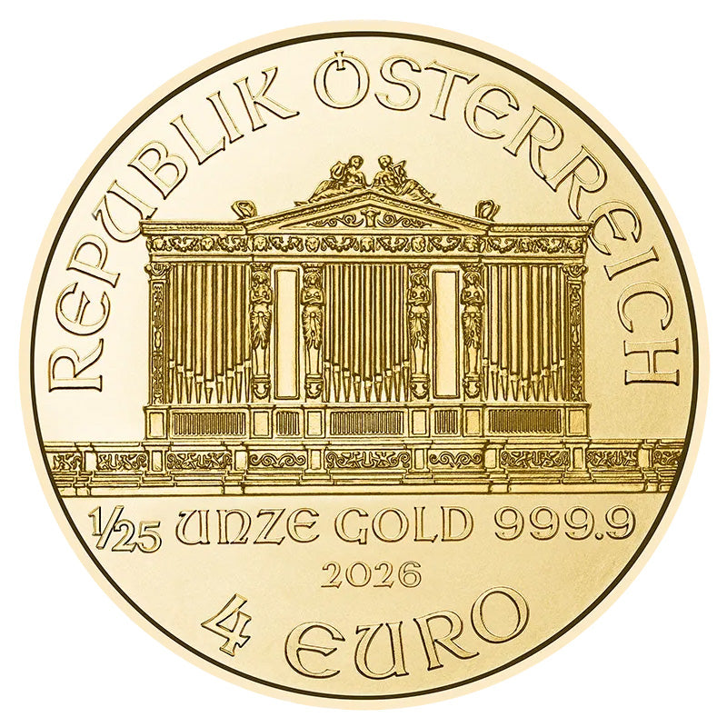 2026 Austrian Philharmonic 1/25 oz Gold Coin obverse featuring the Great Organ of the Golden Hall in Vienna