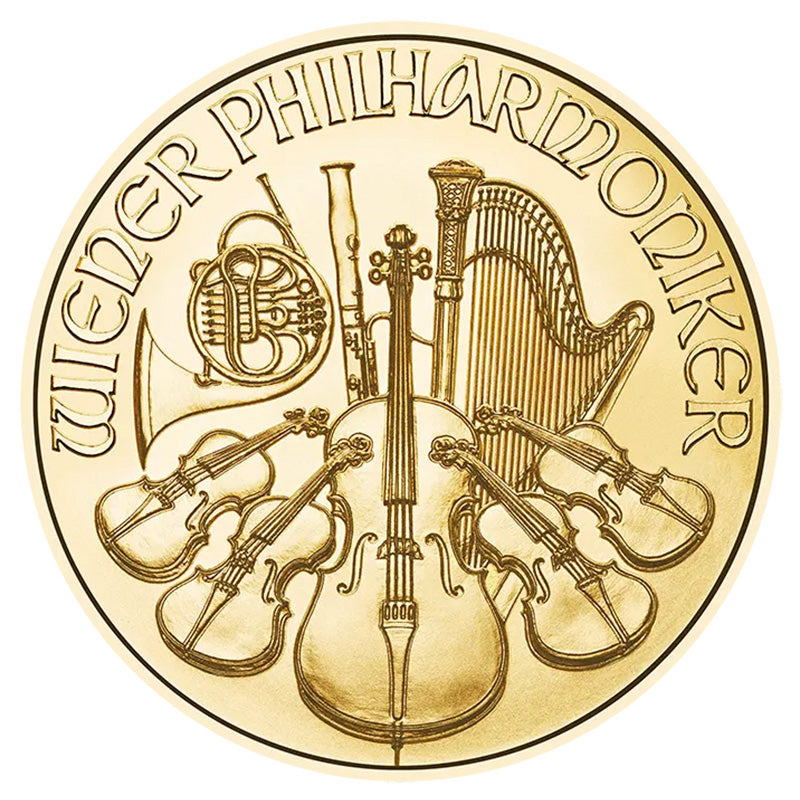 2026 Austrian Philharmonic 1/4 oz Gold Coin reverse displaying a collection of orchestral instruments, including the cello, harp, and Vienna horn