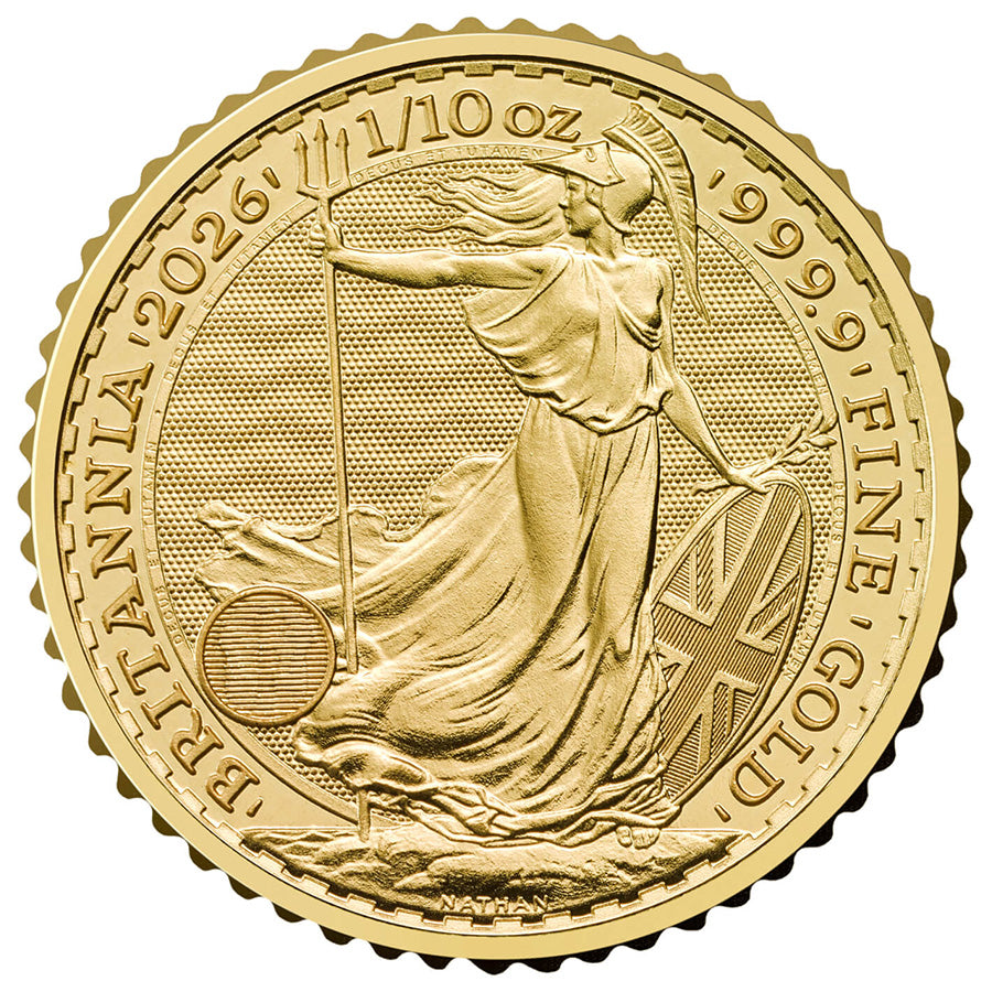 2026 Britannia 1/10 oz Gold Coin reverse featuring Britannia with trident and shield, adorned with the Union Flag