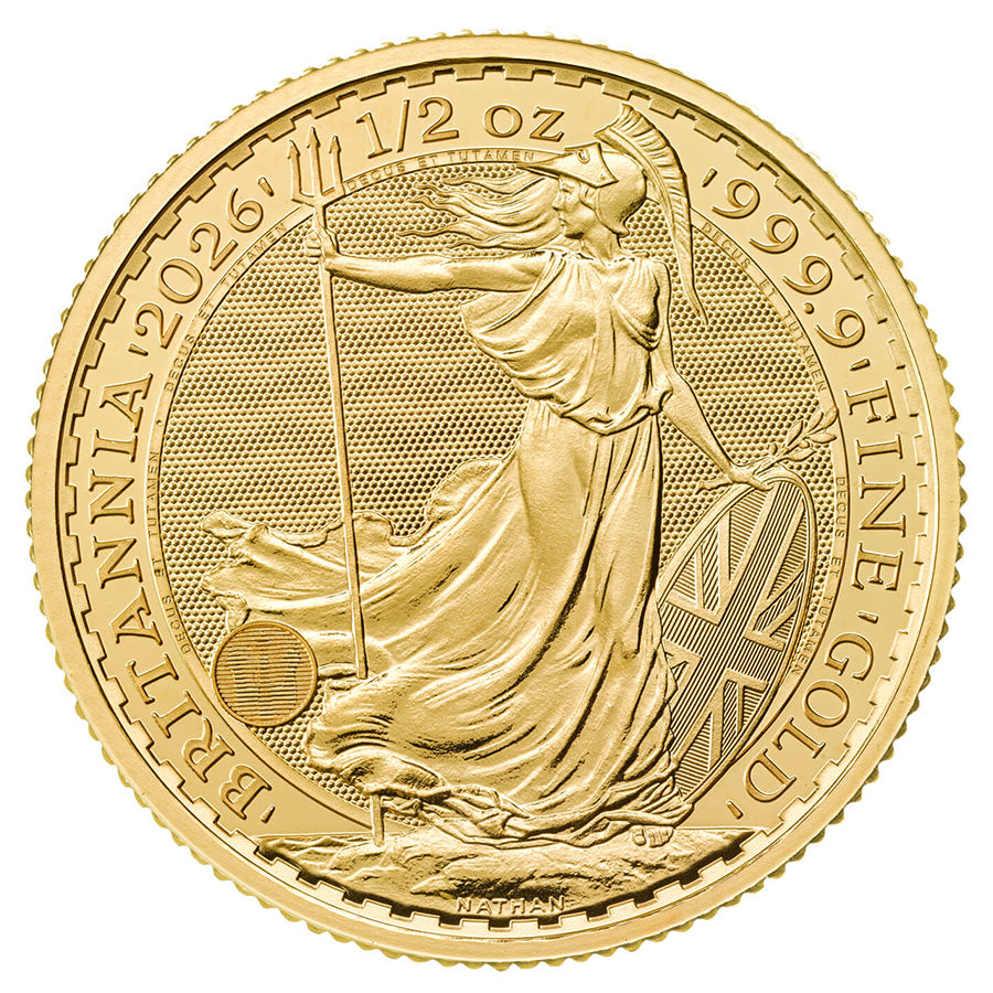 2026 Britannia 1/2 oz Gold Coin reverse featuring Britannia with trident and shield, adorned with the Union Flag