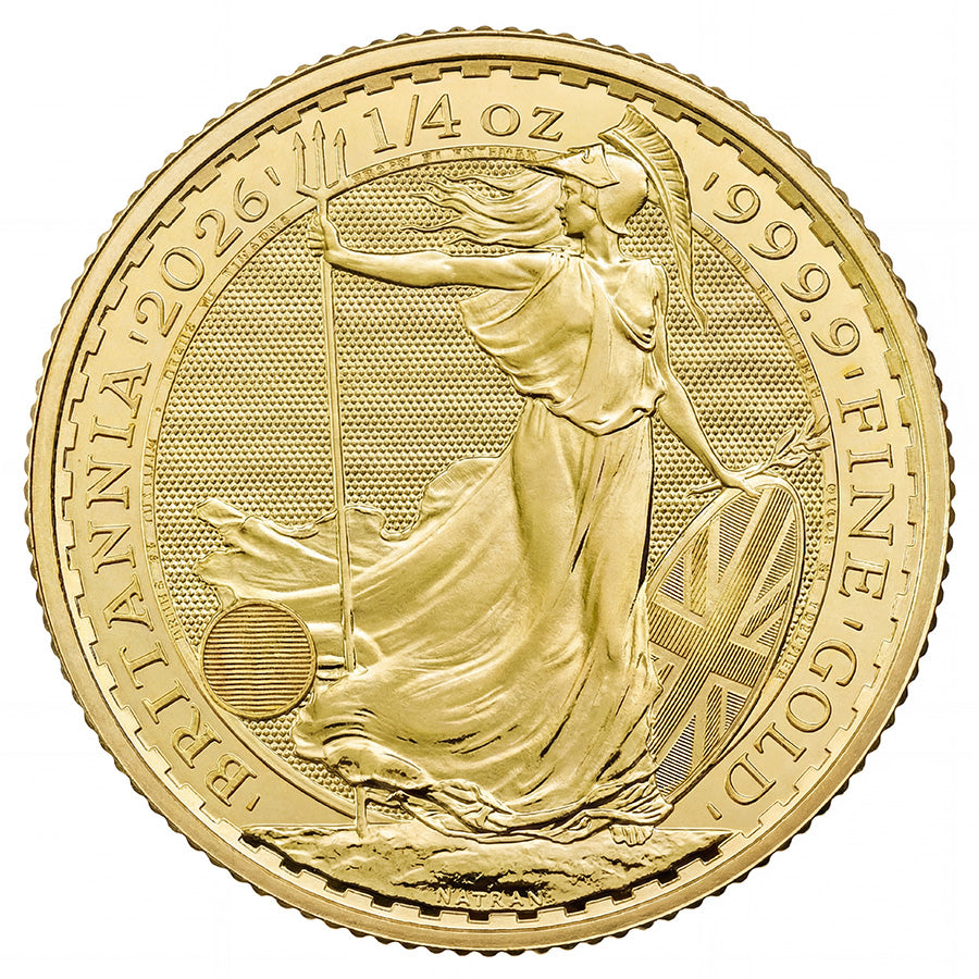 2026 Britannia 1/4 oz Gold Coin reverse featuring Britannia with trident and shield, adorned with the Union Flag