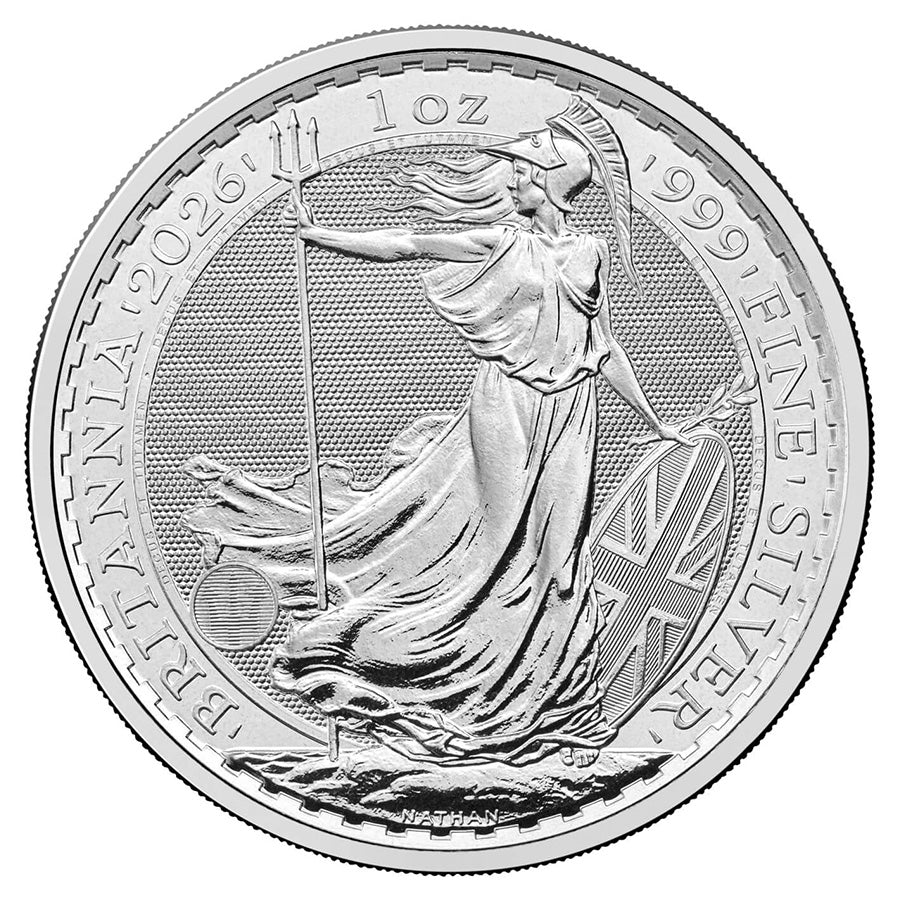 2026 Britannia 1 oz Silver Coin reverse featuring Britannia with trident and shield, adorned with the Union Flag