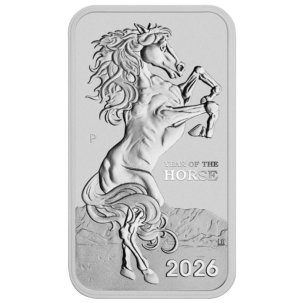 2026 Perth Mint Lunar Horse 1 oz Silver Rectangular Coin reverse showcasing the lunar horse with an elegant flowing mane and raised hooves