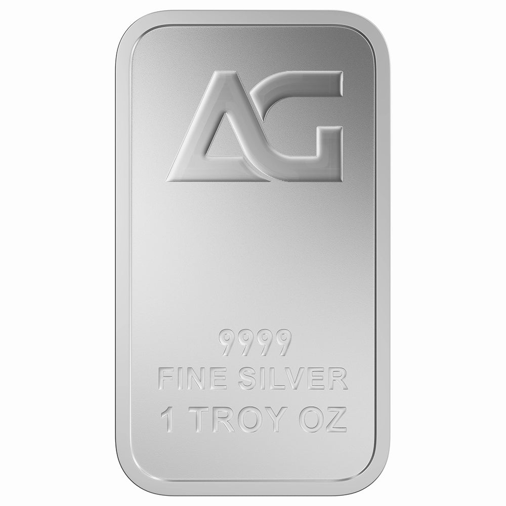 As Good As Gold 1 oz Silver Minted Bar obverse features the signature AG emblem, complemented by the bar's weight and purity