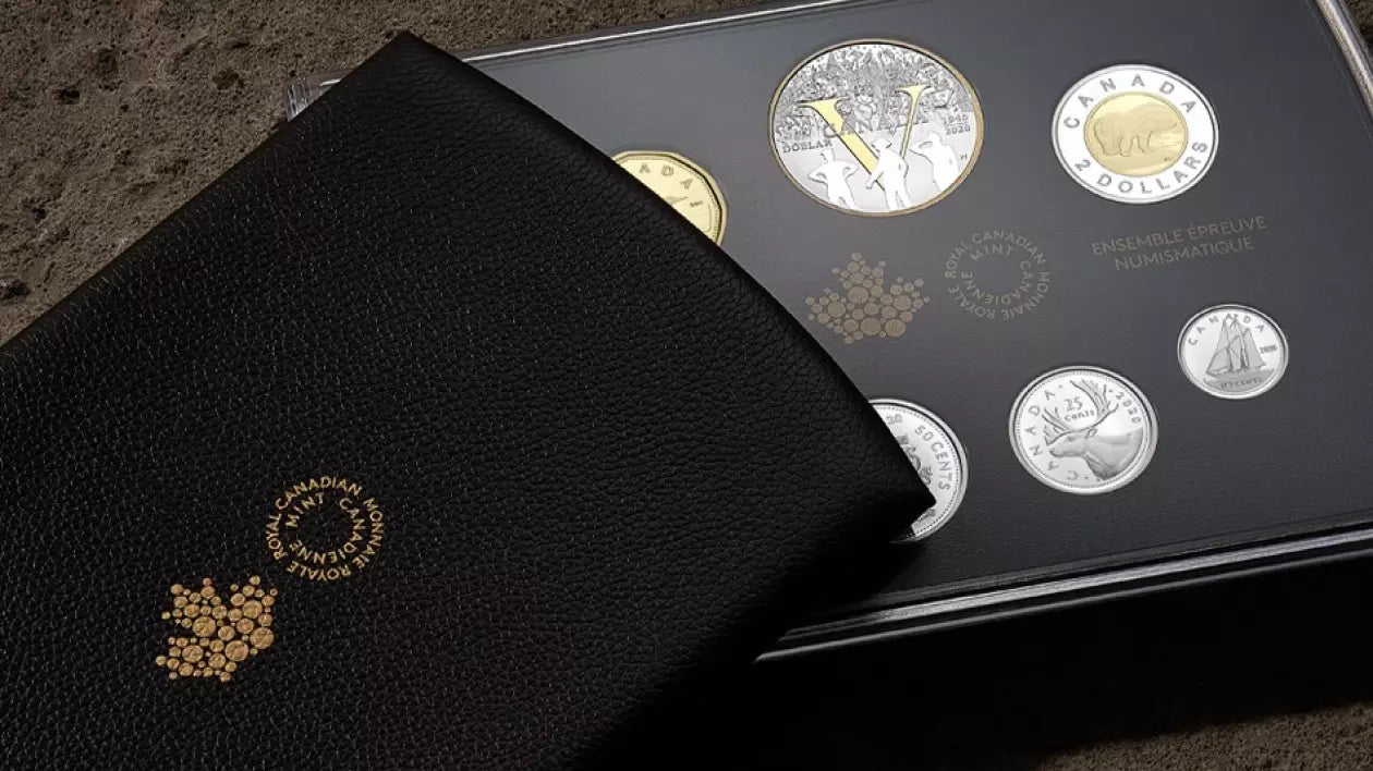 Set of coins produced by the Royal Canadian Mint in a black display case