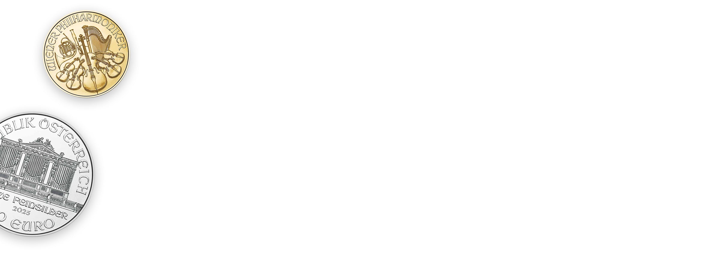 Austrian Mint Philharmonic gold and silver coins displayed on a white background