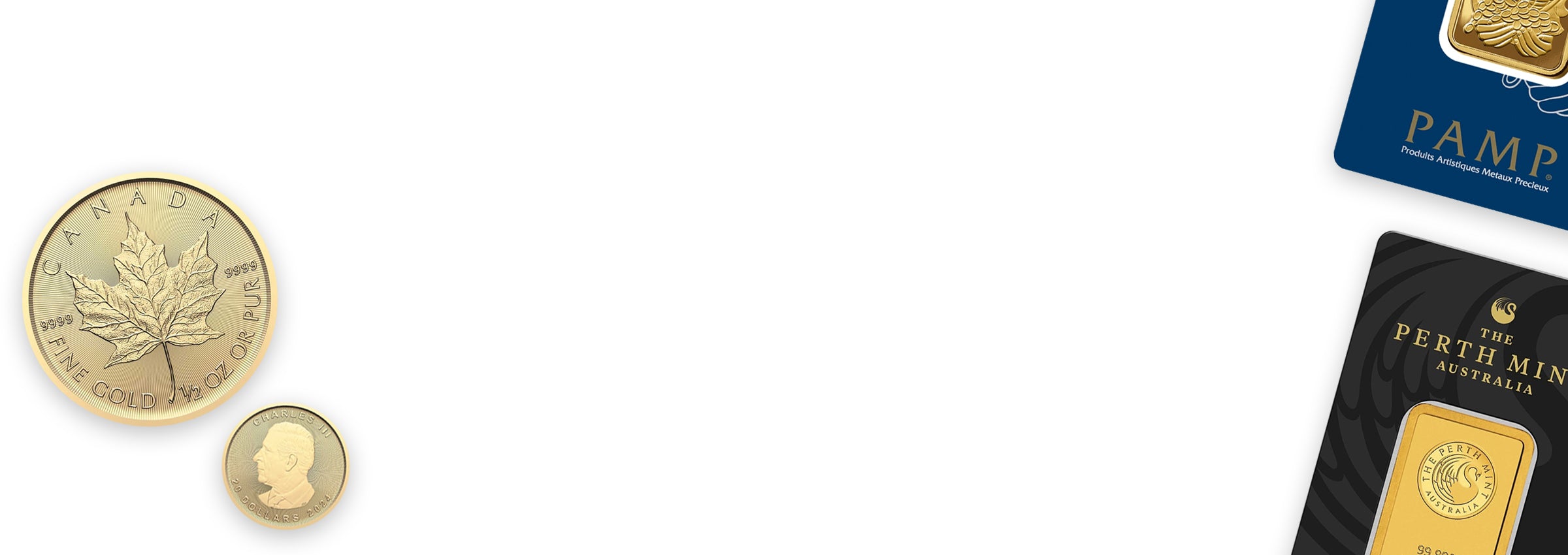 Gold coins and bars displayed on a white background