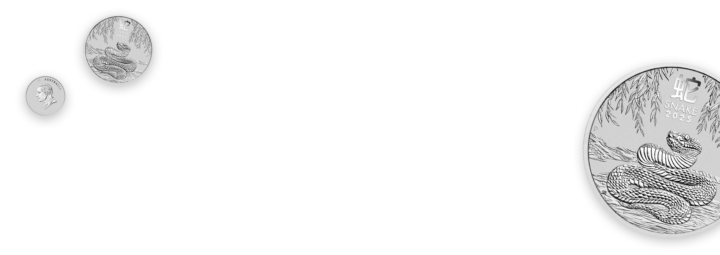 Perth Mint 2025 Lunar Snake silver coins displayed on a white background