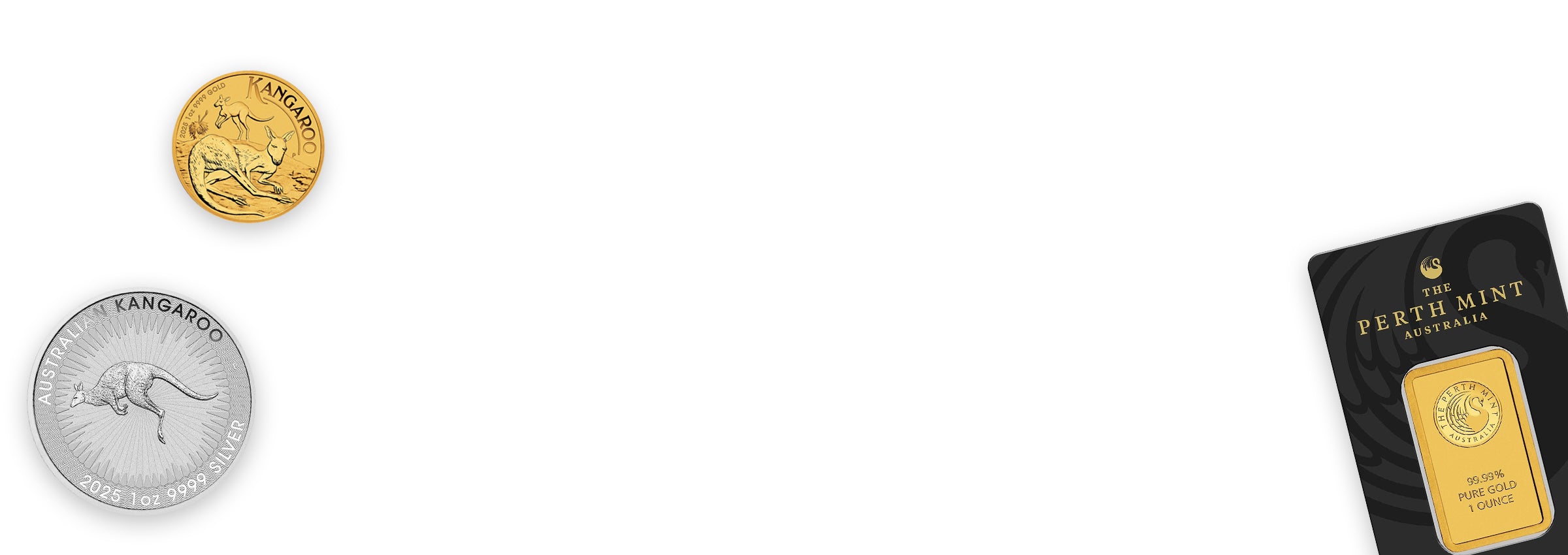 Perth Mint gold and silver coins and bars displayed on a white background