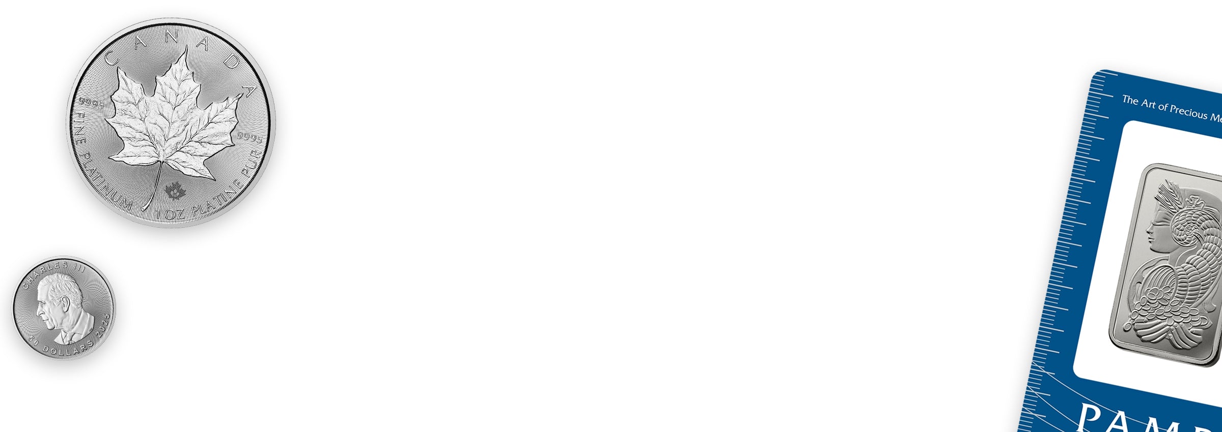 Platinum coins and bars displayed on a white background