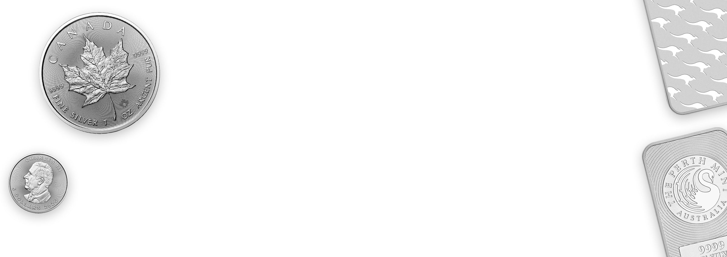 Silver coins and bars displayed on a white background