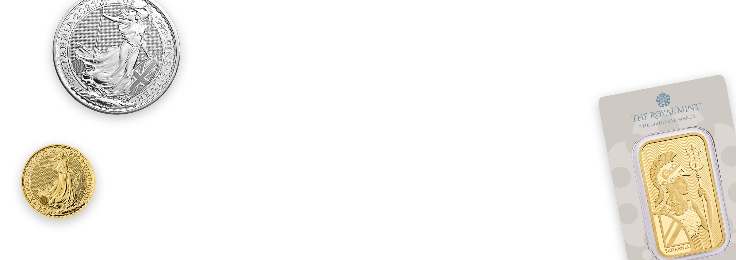 The Royal Mint Britannia gold and silver coins and bars displayed on a white background
