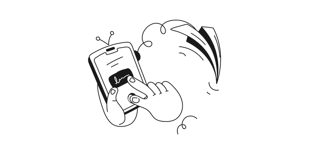 Illustration of a hand holding a smartphone and sending an email