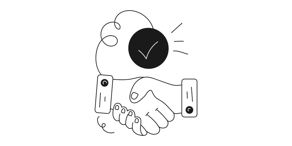 Illustration of a handshake with a checkmark in a black circle