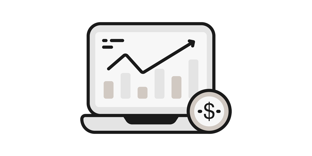 Illustration of a laptop screen with financial graphs and a dollar sign symbol
