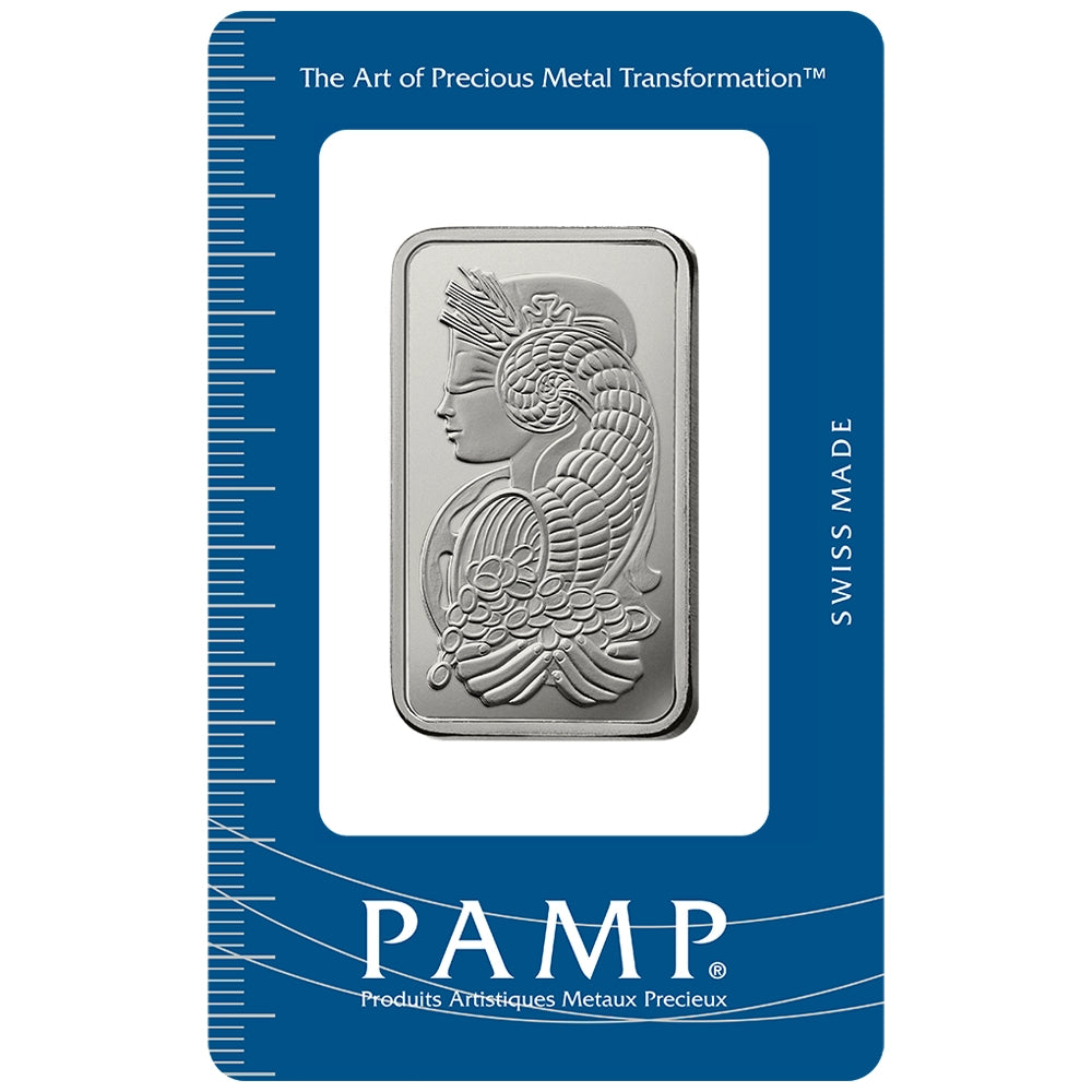 PAMP Lady Fortuna 1 oz Platinum Bar (In Assay) obverse featuring Lady Fortuna with symbols of prosperity