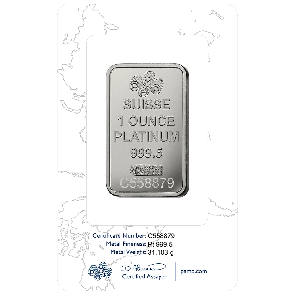 PAMP Lady Fortuna 1 oz Platinum Bar (In Assay) reverse displaying the PAMP logo, weight, purity, and unique serial number