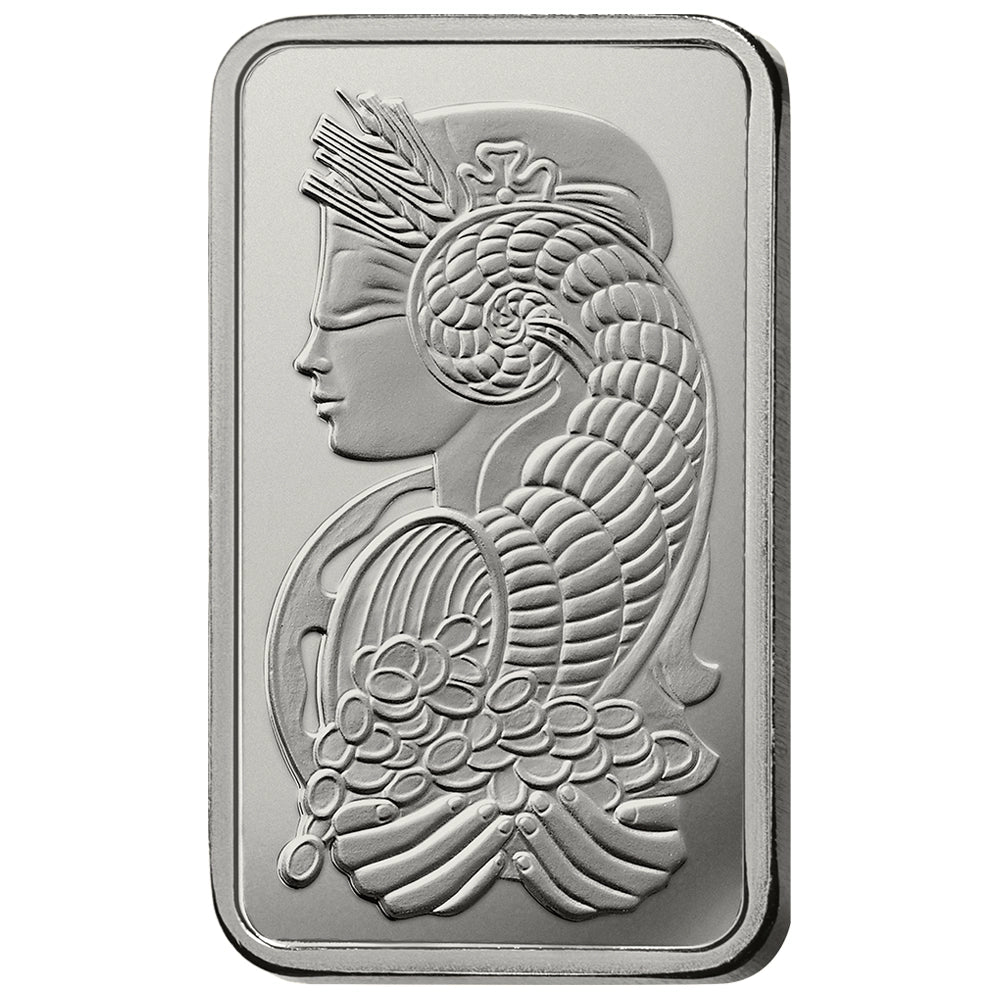 PAMP Lady Fortuna 1 oz Platinum Bar obverse featuring Lady Fortuna with symbols of prosperity