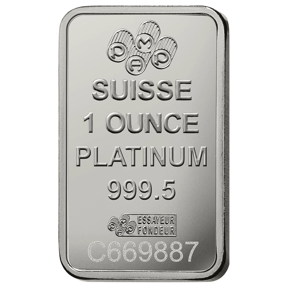 PAMP Lady Fortuna 1 oz Platinum Bar reverse displaying the PAMP logo, weight, purity, and unique serial number