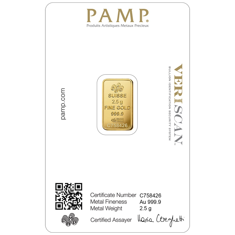 PAMP Lady Fortuna 2.5 gram Gold Bar (In Assay) reverse displaying the PAMP logo, weight, purity, and unique serial number