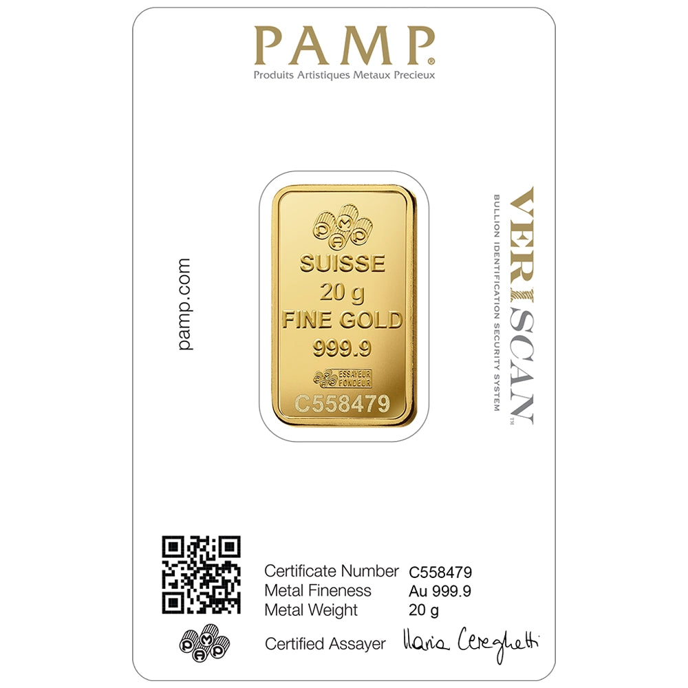 PAMP Lady Fortuna 20 gram Gold Bar (In Assay) reverse displaying the PAMP logo, weight, purity, and unique serial number