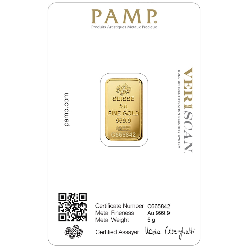 PAMP Lady Fortuna 5 gram Gold Bar (In Assay) reverse displaying the PAMP logo, weight, purity, and unique serial number