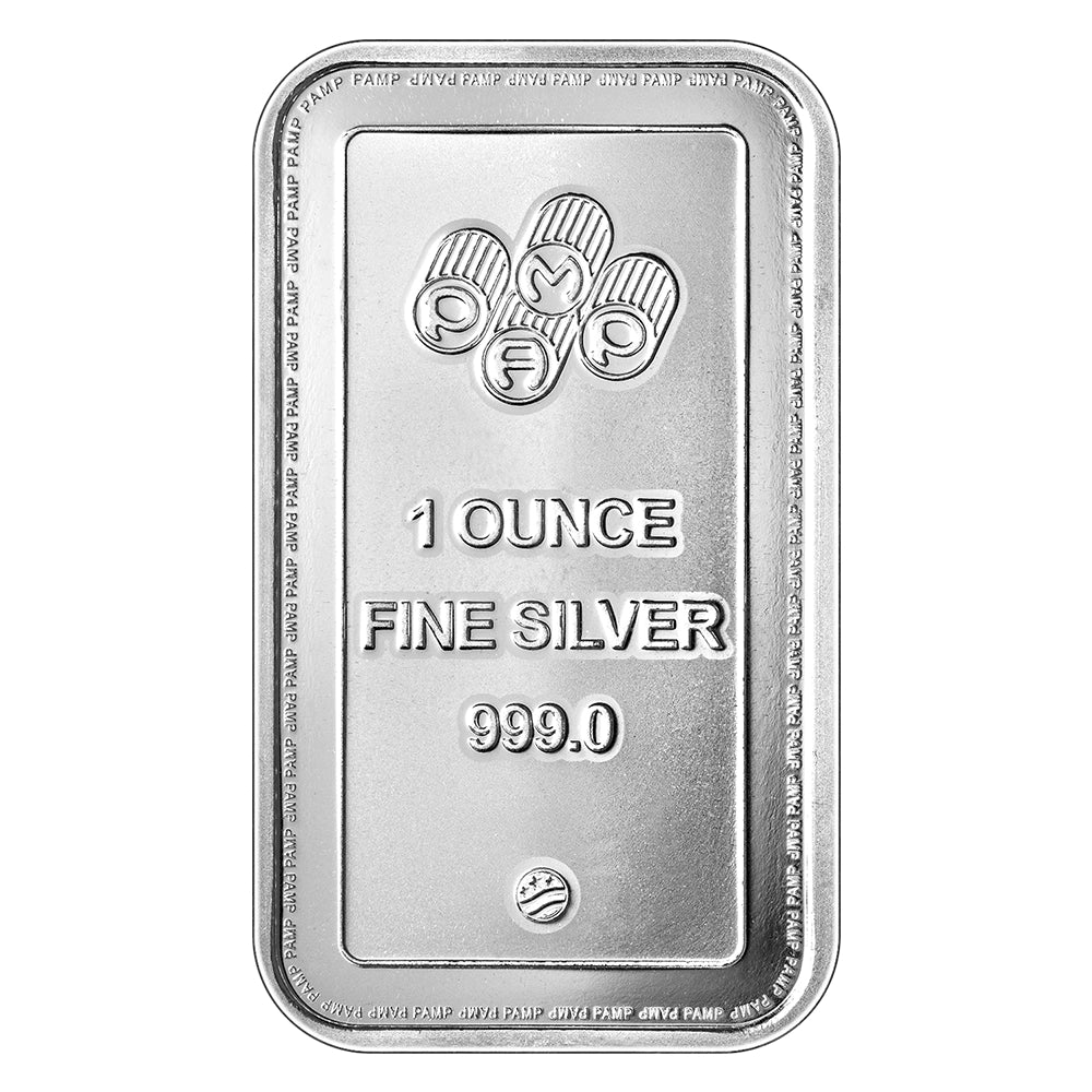 PAMP 1 oz Silver Bar reverse displaying the PAMP logo, weight, purity, and 'USA' mint mark