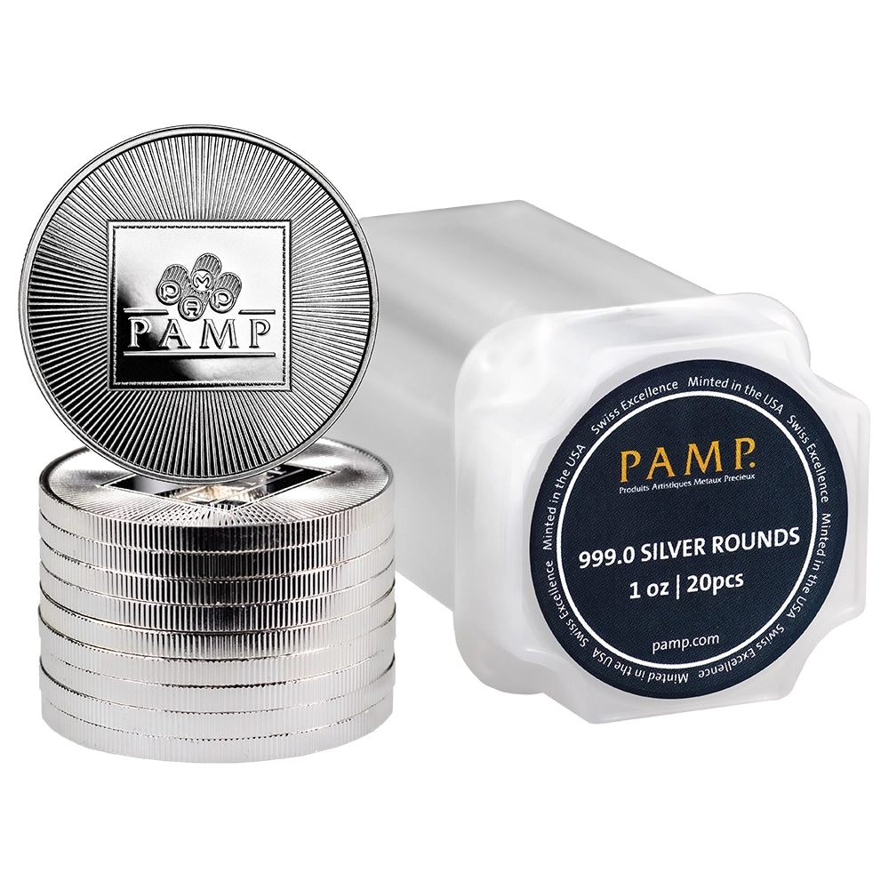 PAMP 1 oz Silver Round tube holding 20 rounds