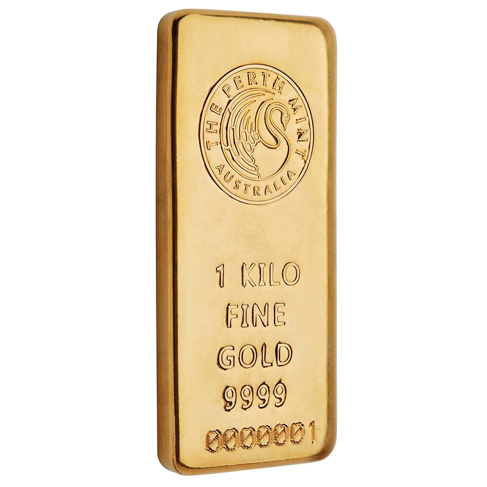 Perth Mint 1 kilo Gold Bar featuring the Perth Mint’s iconic swan logo, along with the weight, purity and serial number