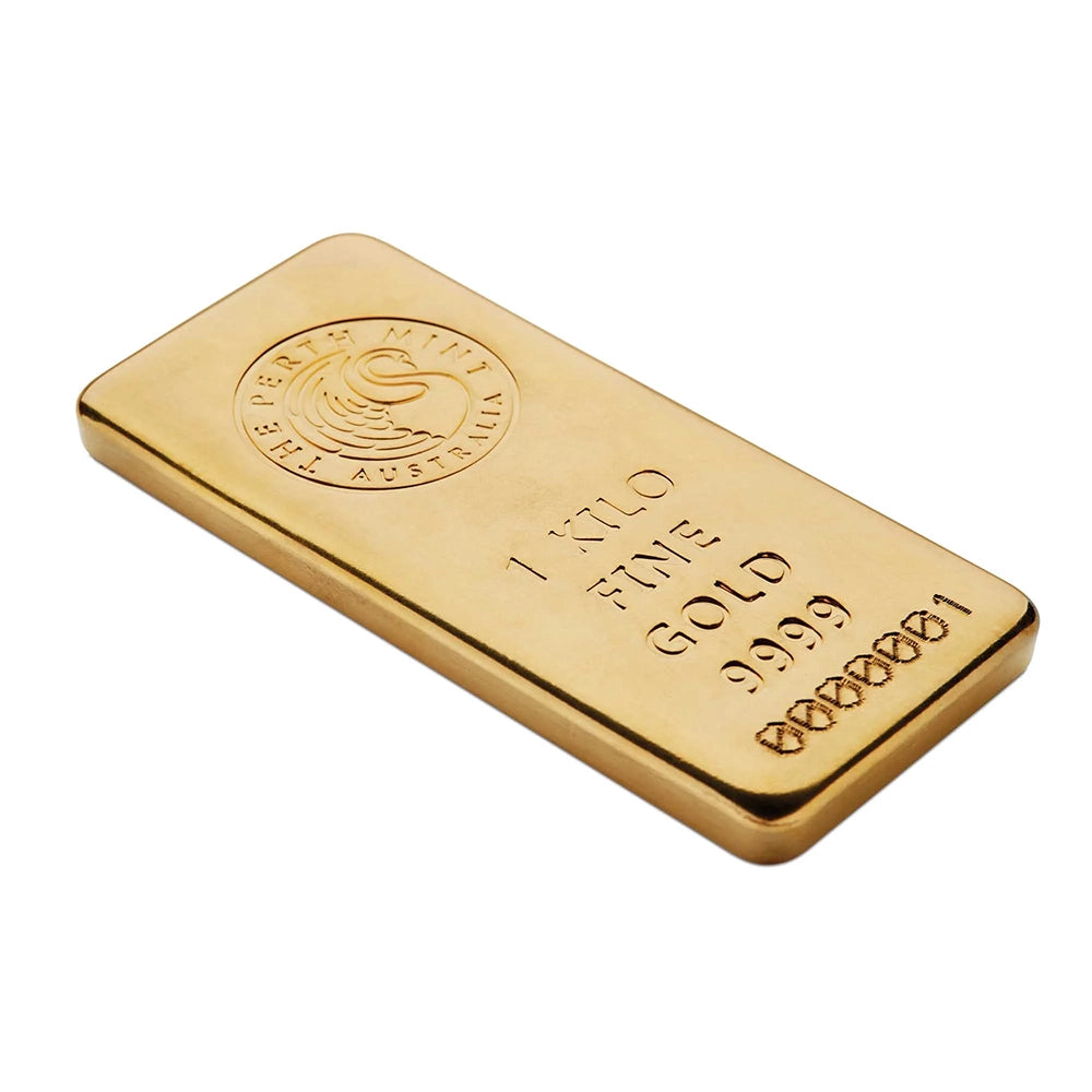 Perth Mint 1 kilo Gold Bar featuring the Perth Mint’s iconic swan logo, along with the weight, purity and serial number